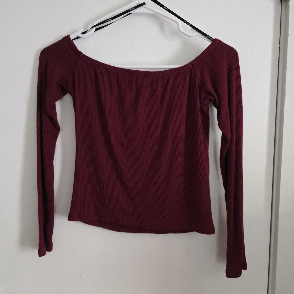 Forever 21 Burgundy Off-Shoulder Crop Top, Long Sleeve
